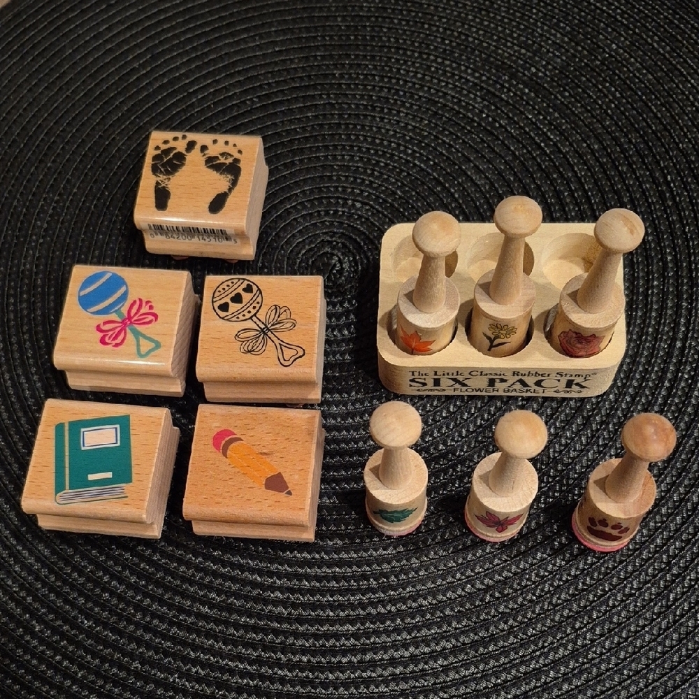 ASSORTED Wood Mount Rubber Stamps, Floral/Baby/School Theme, Set Of 11